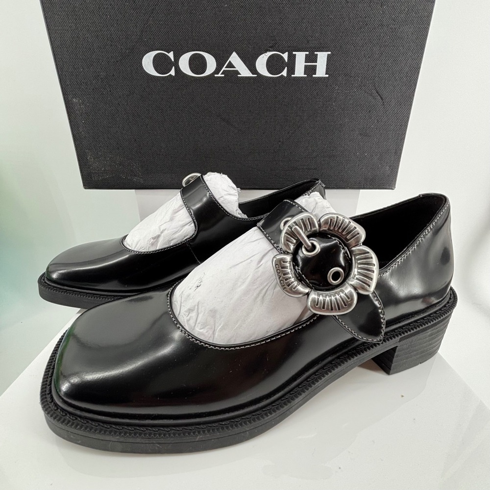 Coach Tea Rose Black Leather Mary Jane Square Toe Flower Buckle CCH57 Women Sz 5